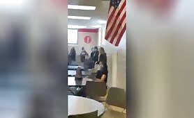 Sophomore girl dumps coffee on a seniors head, then gets her head punched into a door.